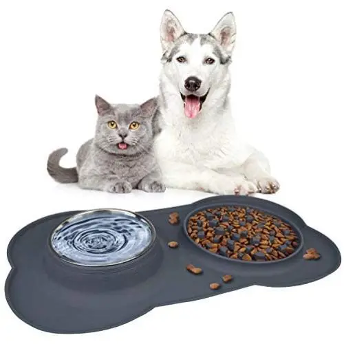 Double Dog Bowls, Pet Stainless Steel Water Bowl,3 in 1 Dog Slow Feeder with Non-Spill Silicone Tray Bone Shape Non-Slip Mat, Collapsible Removable Dog Cat Food Water Bowl