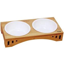 Petsoigné Basic Cat Bowls with Wooden Stand Pet Dining Table Cat Feeder with Bamboo Stand for Cats and Puppy