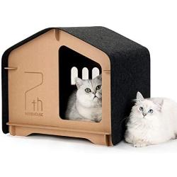 HIPIPET Cat Cardboard Scratcher House Hideaway Beds Box with 4 Replacement Cat Scratch Pad Detachable Cat Cave Bed Lounge, Cat Hut with Catnip