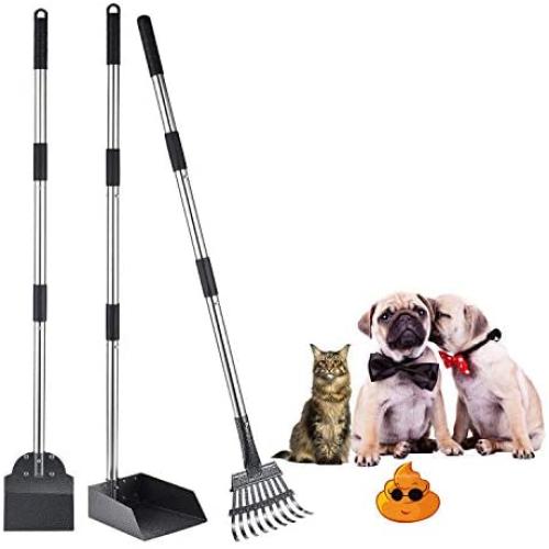NuLink Poop Scooper for Dogs, Pet Poop Tray, 3pcs Adjustable Stainless Steel Handle Rake, Tray and Spade Set for Dogs Cats Poop Waste Removal