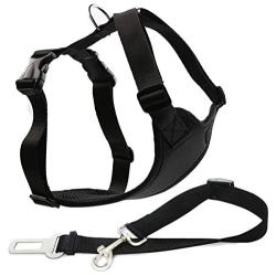 Musonic Dog Safety Vest Harness with Safety Belt for Most Car, Travel Strap Vest with Car Seat Belt Lead Adjustable Lightweight and Comfortable Black for Small Medium Large Dogs