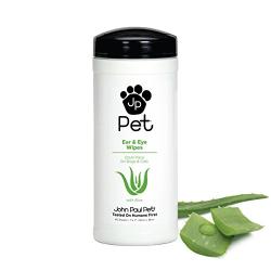 John Paul Pet Ear and Eye Pet Wipes for Dogs and Cats, Infused with Aloe, 7'' x 7'' Sheets in 45-Count Dispenser, Unscented