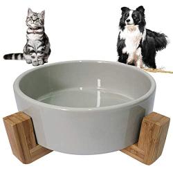 ZYYRT Ceramic Raised Dog Bowl Basic Cat Food Bowl Water Dish with Anti-Slip Wooden Stand for Dogs and Cats, Dishwasher Safe