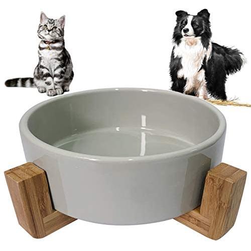 ZYYRT Ceramic Raised Dog Bowl Basic Cat Food Bowl Water Dish with Anti-Slip Wooden Stand for Dogs and Cats, Dishwasher Safe