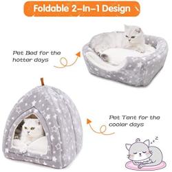 PEOPLE&PETS Pet Soft Tent Cave Bed for Cats and Small Dogs, 2 in 1 Foldable Triangle Cat Bed Hut Tent House with Removable Cushion, Stars Pattern