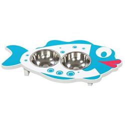 E.P.C Elevated Hand Painted Fish Design Wood Pet Feeder with 2 Stainless Steel Bowls