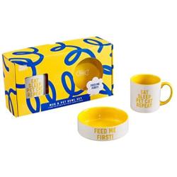 Wild & Woofy Ceramic Coffee Mug & Feed Me First Cat Food Bowl Set