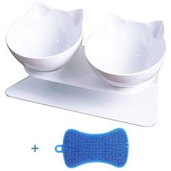 Double Cat Bowl with Raised Stand, 15°Tilted Anti-Slip Cat Food and Water Pet Feeding Bowls, Protect Pets Cervical Vertebra, Detachable Pet Bowl for Cats and Small Dogs with a Dish Washing Brush