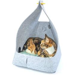 WISKI Ray - Modern Felt Cat Cave Bed - Enclosed Cat House for Indoor Cats and Kittens - Light Grey Thick Felt, 2 Color Plush Cushion - Great as a Small Dog Bed