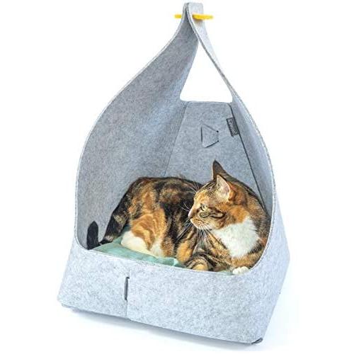 WISKI Ray - Modern Felt Cat Cave Bed - Enclosed Cat House for Indoor Cats and Kittens - Light Grey Thick Felt, 2 Color Plush Cushion - Great as a Small Dog Bed