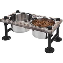 MyGift Torched Wood & Industrial Metal Elevated Double Pet Feeder Stand with 2 Stainless Steel Bowls