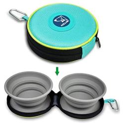 KALLAK Travel Twin Pet Bowls for Dogs or Cats, Collapsible Silicone Bowls for Food and Water Feeding, Foldable Zip Up Oxford Cloth Carry Case with Carabiner Clip, Portable Hiking Dog Bowl