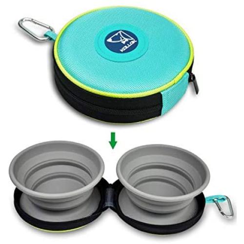 KALLAK Travel Twin Pet Bowls for Dogs or Cats, Collapsible Silicone Bowls for Food and Water Feeding, Foldable Zip Up Oxford Cloth Carry Case with Carabiner Clip, Portable Hiking Dog Bowl