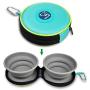 KALLAK Travel Twin Pet Bowls for Dogs or Cats, Collapsible Silicone Bowls for Food and Water Feeding, Foldable Zip Up Oxford Cloth Carry Case with Carabiner Clip, Portable Hiking Dog Bowl