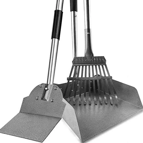 Dog Pooper Scooper for Large Dogs, 3 Pack Adjustable Long Handle Metal Tray, Rake and Spade Poop Scoop with Bin for Pet Waste Removal, No Bending Clean Up for Medium and Large Dogs
