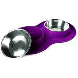 Pet Parade Dual Bowl Silicone Mat-Mess - Free Feeding Bowl for Cats & Dogs - Non-Skid Silicone Base - Machine Washable Stainless Steel Bowls - Available in 5 oz. or 12 oz. Bowls