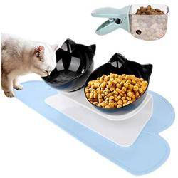 Vikedi Elevated Double Cat Bowl with Feeding Mat and Spoon, Cat Food Water Bowls with Raised Stand, Pet Feeding Bowl | 15° Tilted Raised Pet Feeder Bowl for Cats and Small Dogs (Black)