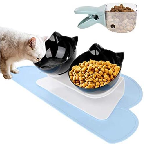 Vikedi Elevated Double Cat Bowl with Feeding Mat and Spoon, Cat Food Water Bowls with Raised Stand, Pet Feeding Bowl | 15° Tilted Raised Pet Feeder Bowl for Cats and Small Dogs (Black)