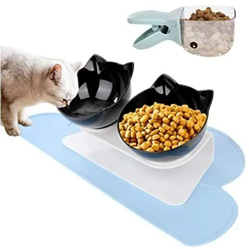 Vikedi Elevated Double Cat Bowl with Feeding Mat and Spoon, Cat Food Water Bowls with Raised Stand, Pet Feeding Bowl | 15° Tilted Raised Pet Feeder Bowl for Cats and Small Dogs (Black) Vikedi Elevated Double Cat Bowl with Feeding Mat and Spoon, Cat Food Water Bowls with Raised Stand, Pet Feeding Bowl | 15° Tilted Raised Pet Feeder Bowl for Cats and Small Dogs (Black)