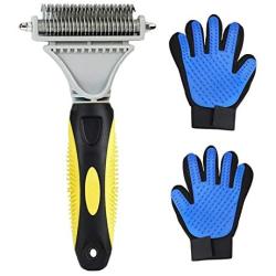 Pet Grooming Tool- Dematting Comb/Grooming Glove Set, 2 Sided Undercoat Grooming Rake for Cats/Dogs, Safely and Easily Removes Matted Tangles, Deshedding Brush Glove- Efficient Pet Hair Remove-2Pack