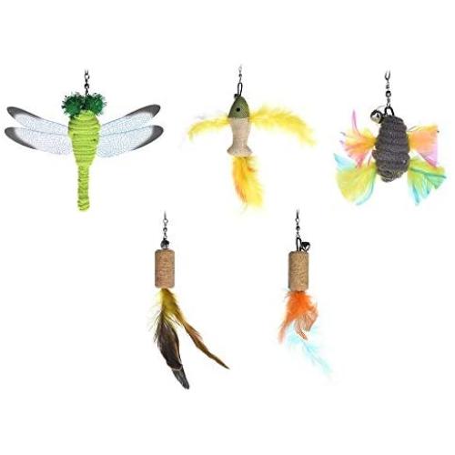 QERNTPEY Pet Toy 5pcs Cat Teaser Chaser Feather Replacement Colorful Pet Catcher Wand Stick Interact with Pets