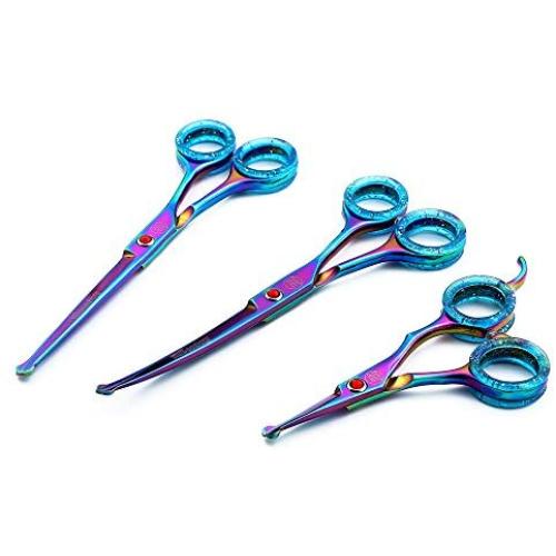 Moontay Sets of 3 Professional Safety Rounded Tips Pet Grooming Scissors Dogs&Cats Grooming Cutting Sheas and Rabbit Chunker Shears