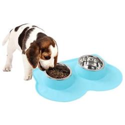 Pet Food and Water Bowls with 2 Stainless Steel Bowl & No Spill Non-Skid Silicone Mat Dog Cat Puppy Kitten Double Feeding Bowl 350ml x 2 (Blue)