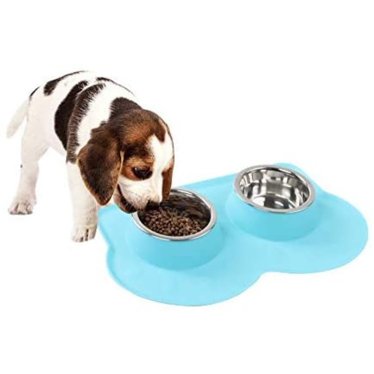 Double Dog Bowl Feeding Station, Skid Proof Silicone Base Mat with Spill  Proof Raised Lip & Two 12oz Stainless Steel Bowls for Food and Water, Ideal