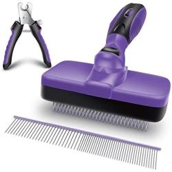 Ruff N Ruffus Self-Cleaning Slicker Brush + FREE Pet Nail Clippers + FREE 7.5'' Steel Comb | UPGRADED PAIN-FREE BRISTLES | Cat Dog Brush Grooming Gently Reduces Shedding & Tangling For All Hair Types