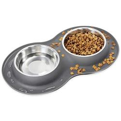 Kulmeo Double Dog Bowl Cat Food Bowls Stainless Steel Dog Food and Water Bowls with Non Skid Silicone Mat Spill Proof Small Puppy Bowl