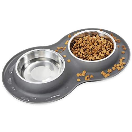Kulmeo Double Dog Bowl Cat Food Bowls Stainless Steel Dog Food and Water Bowls with Non Skid Silicone Mat Spill Proof Small Puppy Bowl