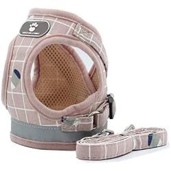 Goocky Dog Cat Harness Vest, Pet Pink Plaid Breathable Leash Set Safety Soft with 2 Metal Buckle for Kitties, Puppy