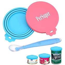 PERSUPER Pet Can Covers Scoop Packaging - 1 Spoon + 2 Pack Universal BPA Free Silicone Pet Food Can Multiple Sizes Lid Covers, One Size Fits All Standard Size Dog and Cat Can Tops