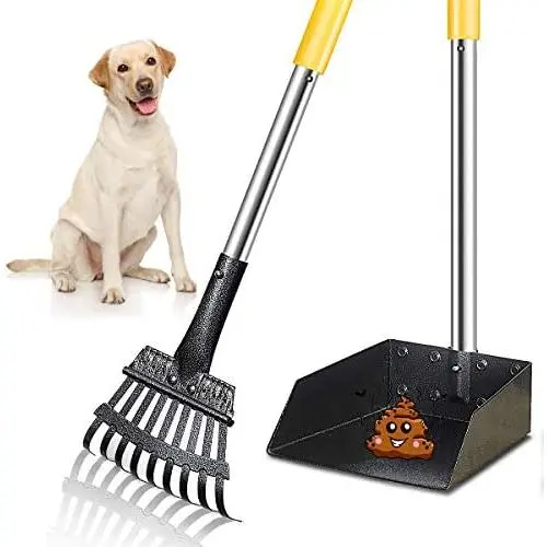 FOCUSPET Dog Pooper Scooper, Poop Scooper for Dogs Upgraded Adjustable Long Handle Metal Pet Poop Tray and Rake Set for Large & Small Dogs, Pet Waste Removal Scoop for Pets, Dirt, Gravel, Lawns, Grass