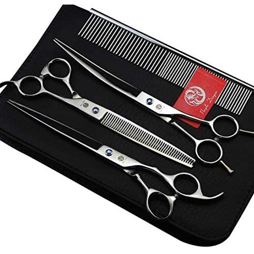 Purple Dragon 8.0 inch Dog Hair Cutting, Curved and Thinning Scissors Shear Pet Grooming Tool Kit