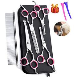 Dog Grooming Scissors kit with Safety Round End, Pet Grooming Trimmer Set with Blunt Tip-Thinning, Straight, Curved Shears tool with Comb, Nail Cliper and Nail File for Long Short Fur of Cat and Puppy