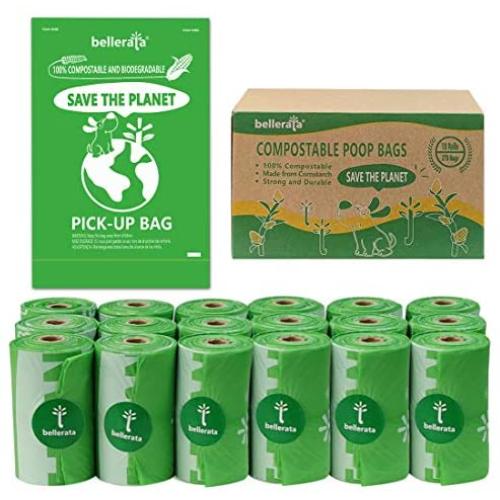 bellerata 100% Compostable Dog Poop Bags, Unscented & Extra Thick Biodegradable Poop Bags, 18 Refill Rolls, Made from Cornstarch, Certified Europe OK Compost Home and Seedling