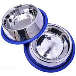 Set of 2 Etched Stainless Steel Dog Bowls, Easy to Clean, Bacteria & Rust Resistant, with Non-Skid No-Tip Silicone Ring, Feeding Bowls for Dogs (2 Pak / 32oz Each Bowl)