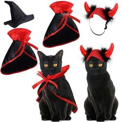 Weewooday 4 Pieces Halloween Pet Costume Set Including 2 Vampire Costume Cloaks 1 Pet Witch Hat and 1 Horn Hat for Cat and Dog Role Play Party Supplies