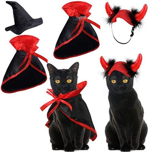 Weewooday 4 Pieces Halloween Pet Costume Set Including 2 Vampire Costume Cloaks 1 Pet Witch Hat and 1 Horn Hat for Cat and Dog Role Play Party Supplies