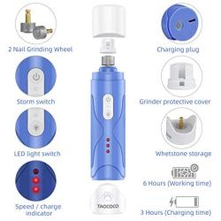 TAOCOCO Dog Nail Grinder, Build-in LED Light Rechargeable 3-Speeds Powerful Electric Pet Nail Trimmer, Low Noise Painless Dog Paw Trimmer Claw Care Grooming for S/M/L Dogs Cats with Clipper and File