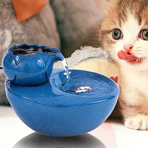 ROSE CREATE Ceramic Cat Drinking Water Fountain, 1.3 Liters Pet Water Fountains for Cats and Dogs, Electric Pet Water Dispenser with Quiet Pump and 5 Replacement Filters - Blue Lotus Style ROSE CREATE Ceramic Cat Drinking Water Fountain, 1.3 Liters Pet Water Fountains for Cats and Dogs, Electric Pet Water Dispenser with Quiet Pump and 5 Replacement Filters - Blue Lotus Style