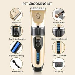 Dog Clippers Grooming Kit, Electric Pet Clipper Low Noise Rechargeable Cordless Pet Hair Trimmer for Dogs Cats Pets, Quiet, Washable, with LED Display