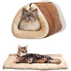 MiaoKa 2-in-1 Fleece Cat Tunnel, Beds Self Warming Tube & Pets Cave, Cuddle Burrow Cozy Covered Sleep Zone Mat for Cats Indoor