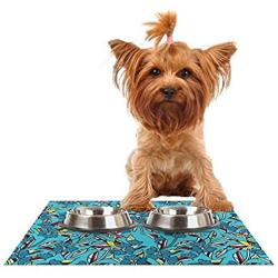 KESS InHouse Michelle Drew Paper Leaf Blue Feeding Mat for Pet Bowl, 24 by 15-Inch