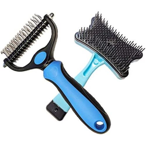 D&Z Pet Grooming Tools for Cats and Dogs with Medium to Long Hair, Dual Sided 9X17 Teeth Rake, Comb and Brush Plus Zipper Bag kit, Gently and Safe Removes Loose Hair, Eliminates Tangles, Knots.