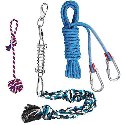 Spring Pole Dog Rope Toys with a Big Spring Pole Kit, 2 Different Twisted Cotton Rope Chew Toys and a 16ft Rope - Safe for Dogs to Pulling, Chasing, Chewing, Teasing, Training