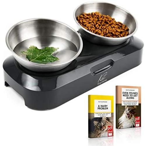 KatSupreme Raised Cat Food Bowl - Set of 2 Stainless Steel Cat Bowls Elevated by Stand, Tilted Cat Food Bowls, Elevated Cat Bowls for Food and Water, Orthopedic and Anti Vomiting Cat Bowl Set