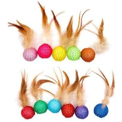 JpGdn 10Pcs Cat Toys Ball with Feather Kitten Balls with Bells Colorful Interactive Play Toy
