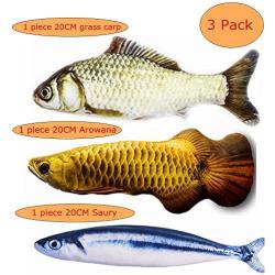Tomcrazy 3PCS Simulation Fish Cats/Small Puppy Dogs Toys Catnip Pet Sets Doll Interactive Pets Toy Throw PP Cotton Plush Pillow Chew Bite Play Fetch Toy Grass carp Saury Arowana (3-Pack)